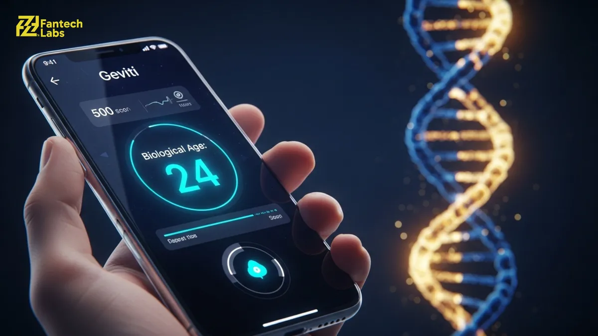 Geviti mobile app interface displaying biological age score and health metrics.