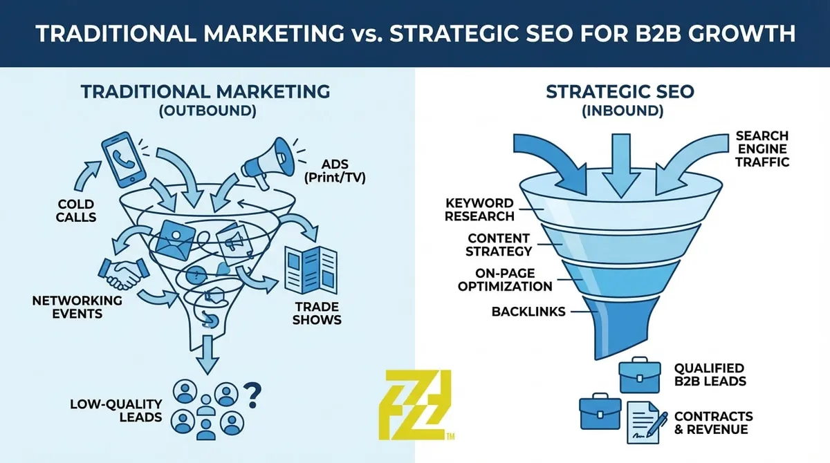 Strategic SEO funnel showing how B2B companies convert search traffic into qualified leads